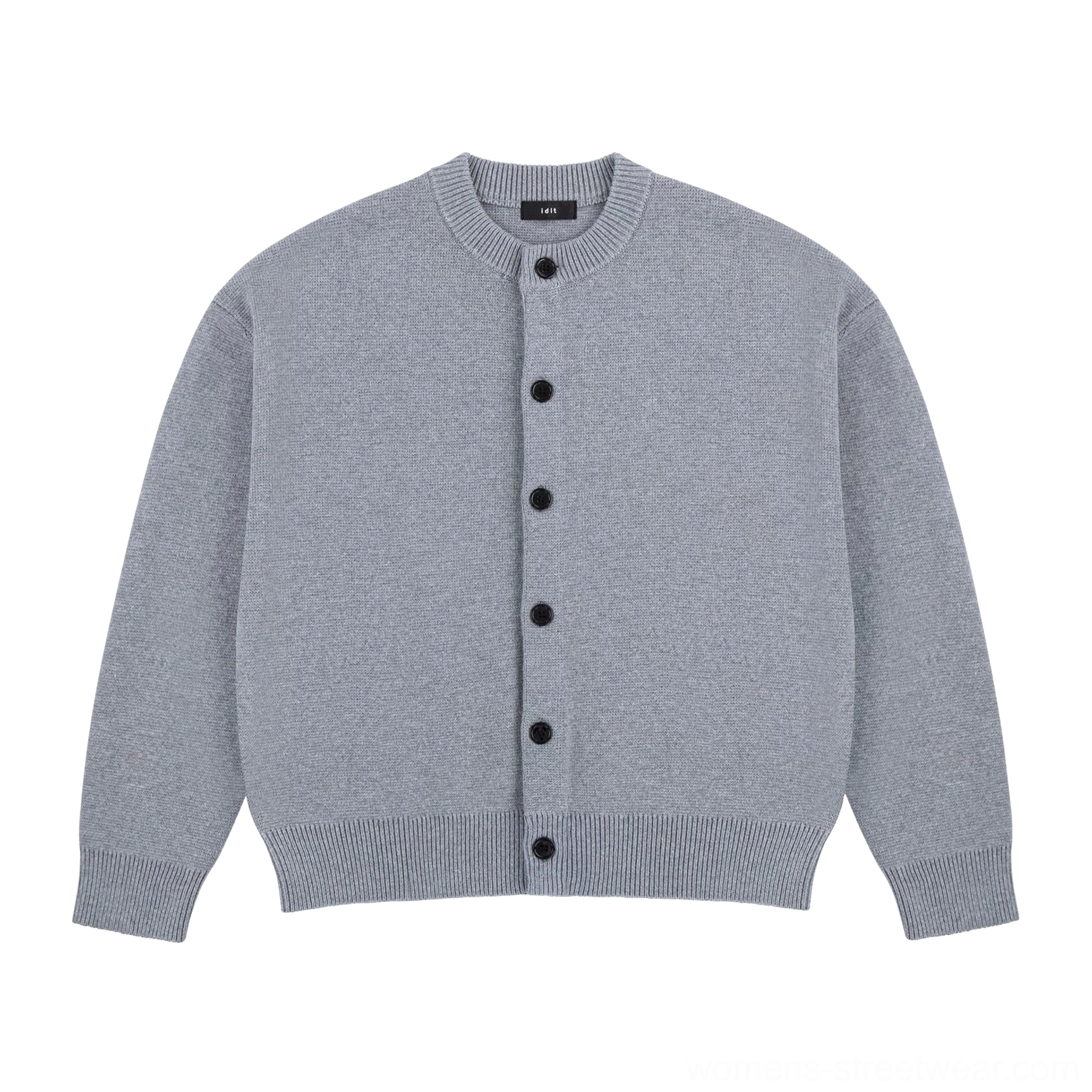 Ash gray minimalist drop shoulder wool blend knit cardigan complete front product view
