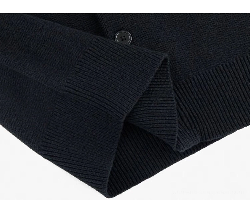 Black minimalist drop shoulder wool blend knit cardigan with dark button front