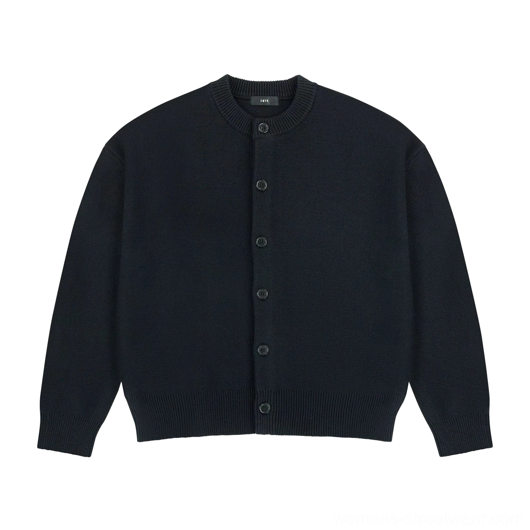 Black minimalist drop shoulder wool blend knit cardigan complete front product view