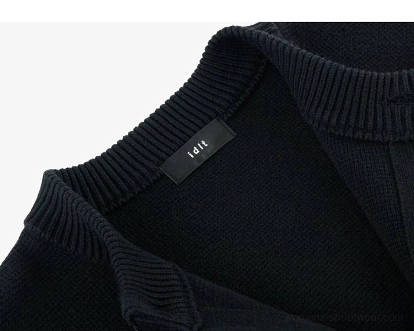 Black wool blend knit cardigan relaxed streetwear silhouette with ribbed cuffs and hem