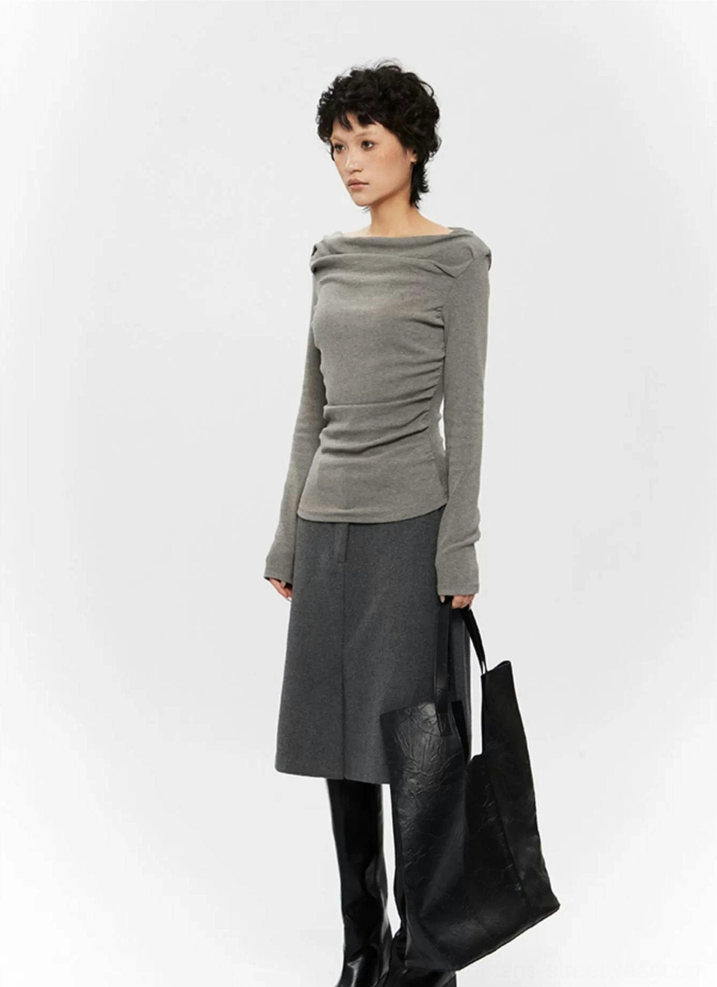 Minimalist off-shoulder ruched top with sleek fitted shape and versatile long-sleeve streetwear design