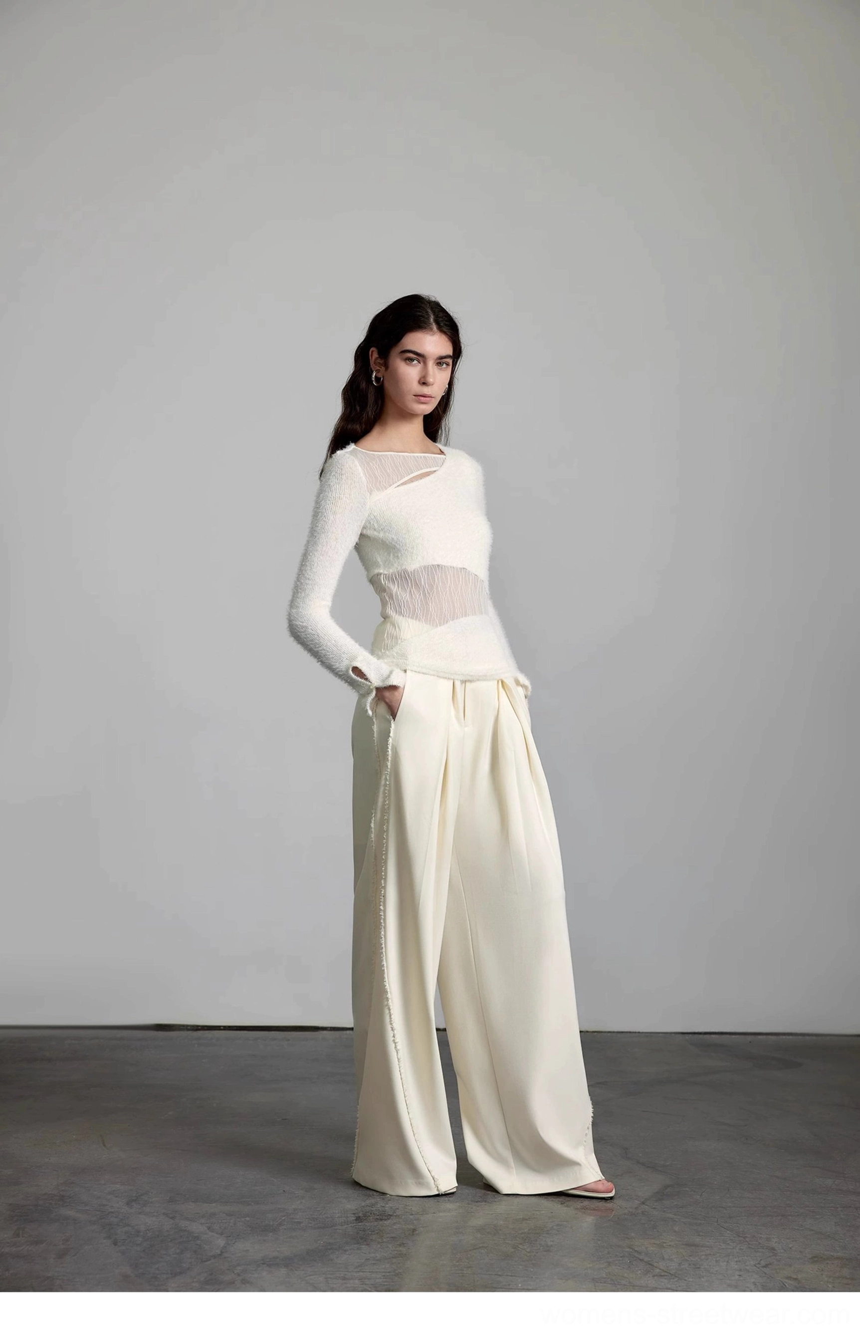 Minimalist off-white wide-leg trousers designed for Acubi fashion, Korean style, and elevated streetwear looks