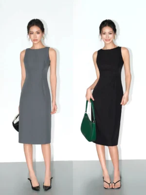 Minimalist sculpted sleeveless midi sheath dress for women shown in black and smoky gray front studio views