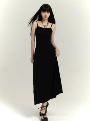 Black minimalist square neck waist-defined maxi slip dress front full body view with spaghetti straps
