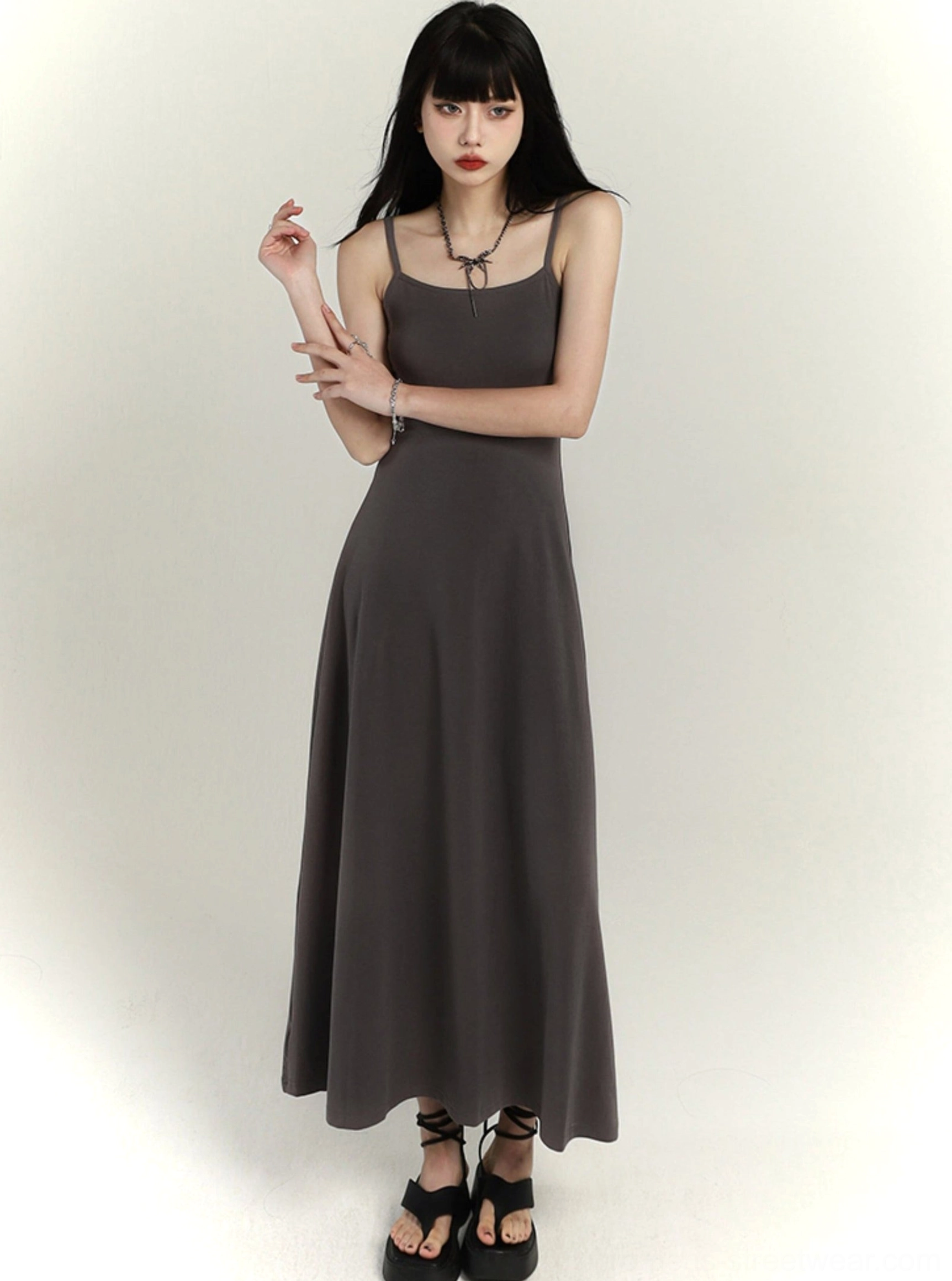 Minimalist square neck waist-defined maxi slip dress product detail view