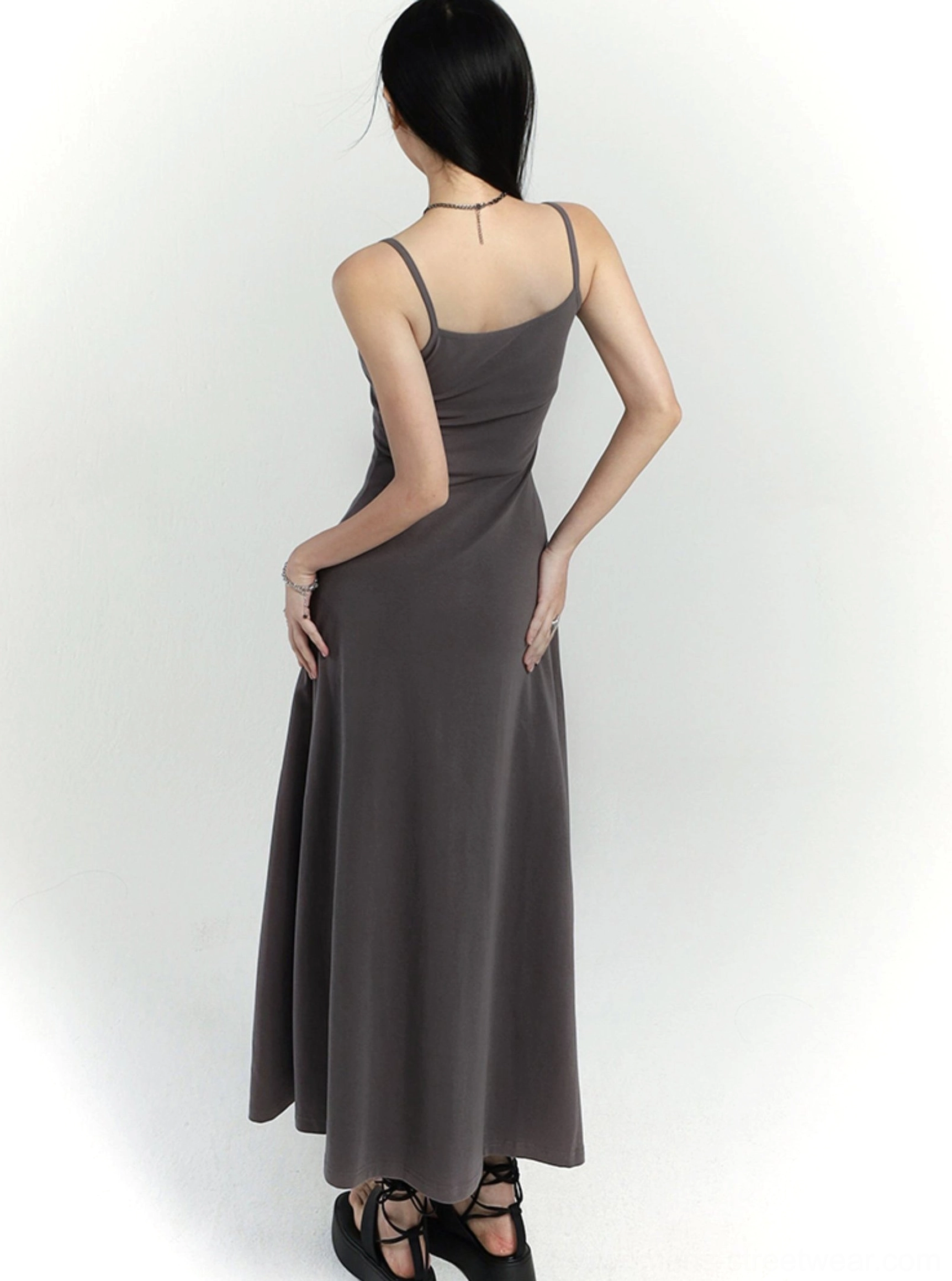 Minimalist square neck waist-defined maxi slip dress fashion product view