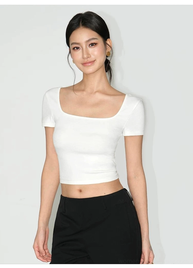 Minimalist women's cropped square neck tee with short sleeves and elastic ribbed knit construction