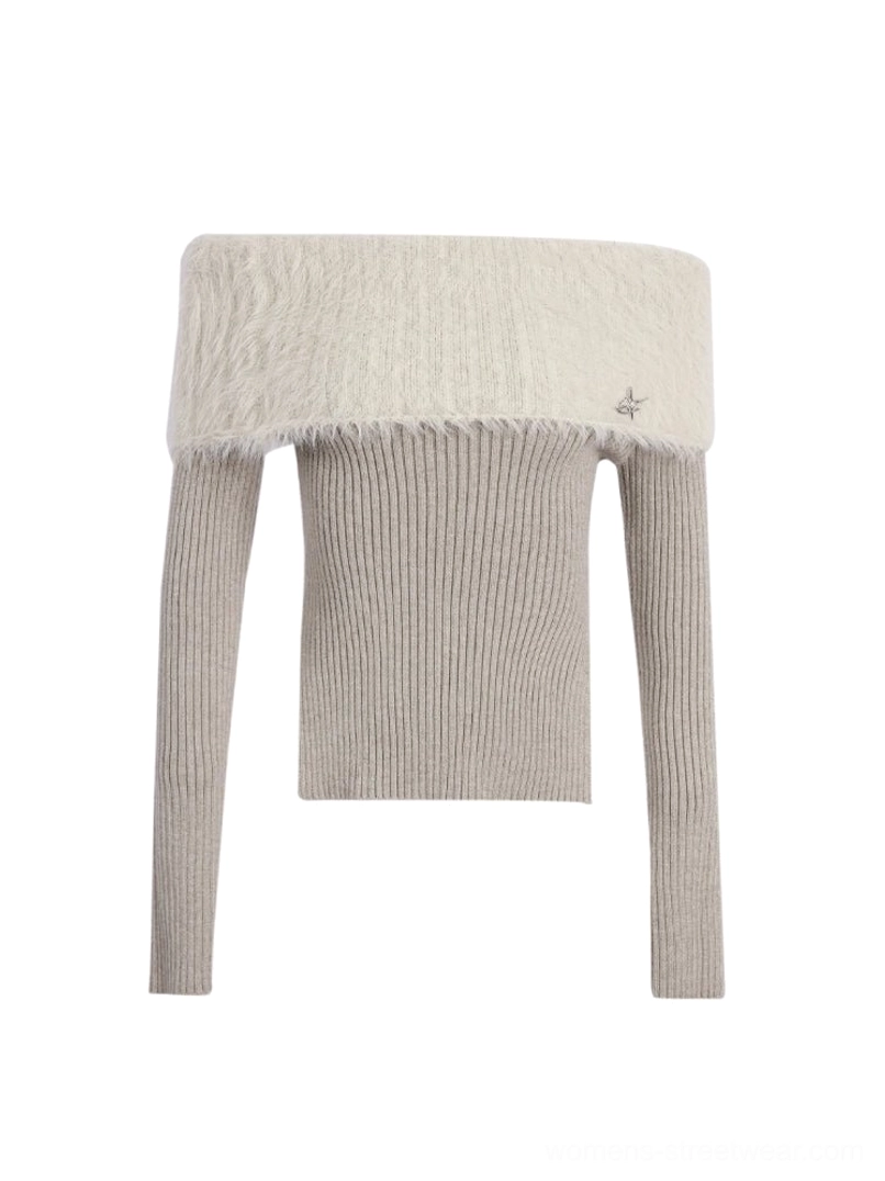 Beige off-shoulder fur trim ribbed knit sweater flat lay showing long sleeves and wide neckline