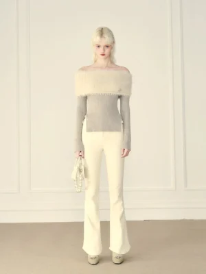 Beige mink cashmere off-shoulder sweater with soft contrast fur trim and ribbed knit body