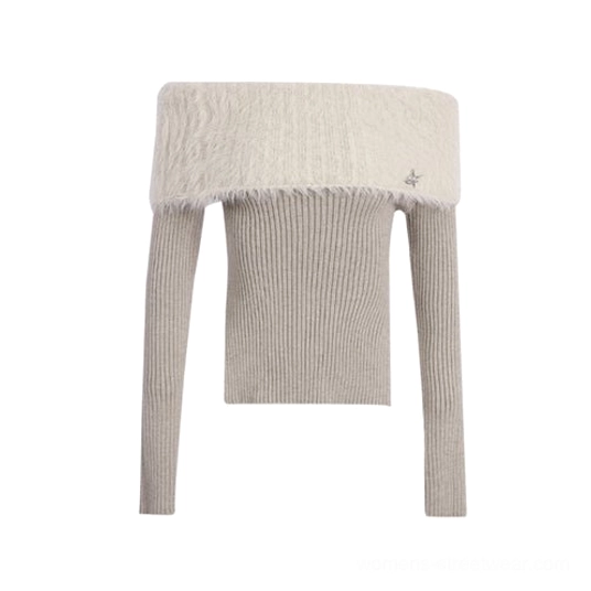 Beige mink cashmere ribbed off-shoulder sweater with plush white fur trim detail