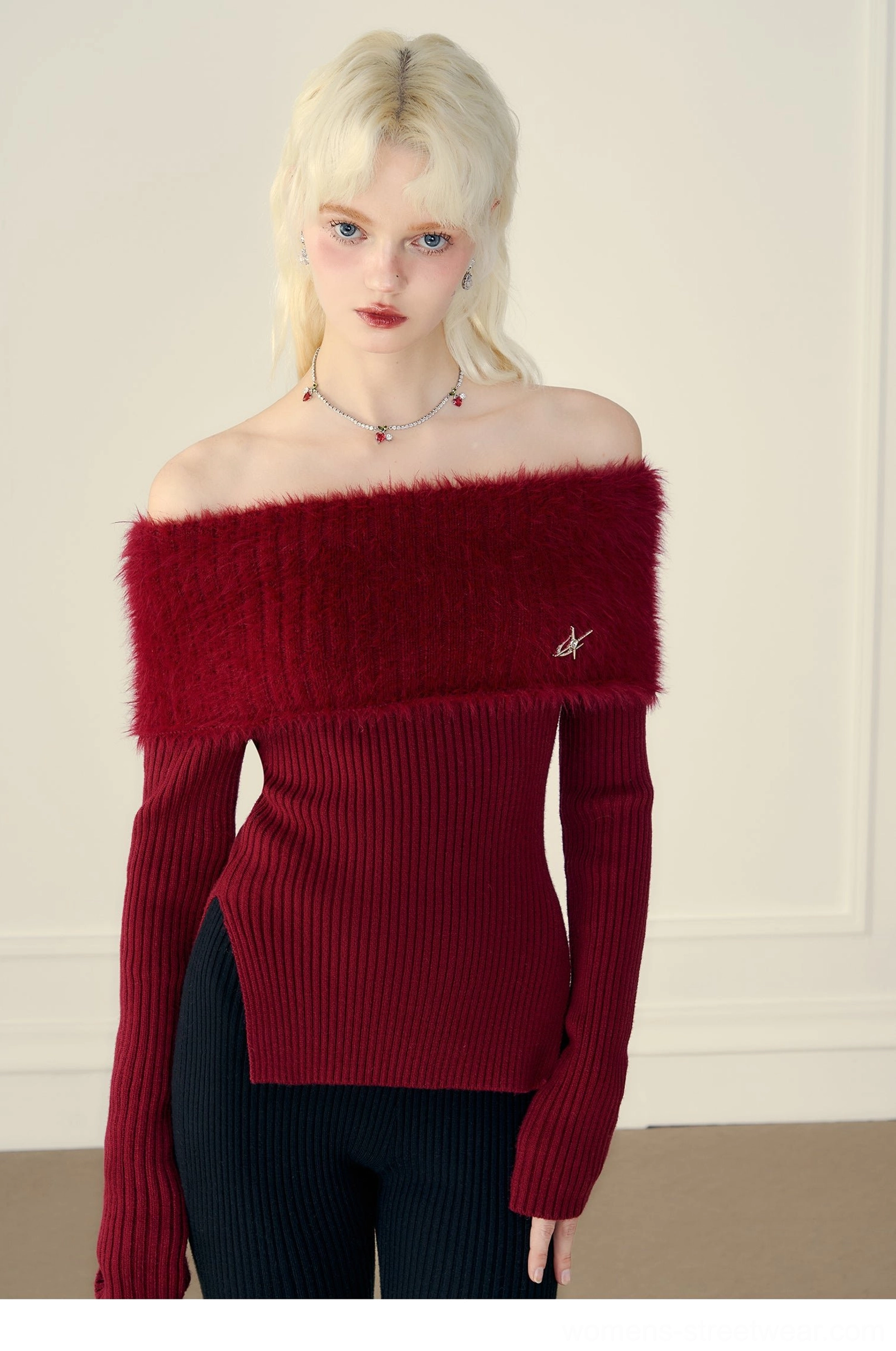Mink cashmere off-shoulder fur trim ribbed knit sweater fashion product view