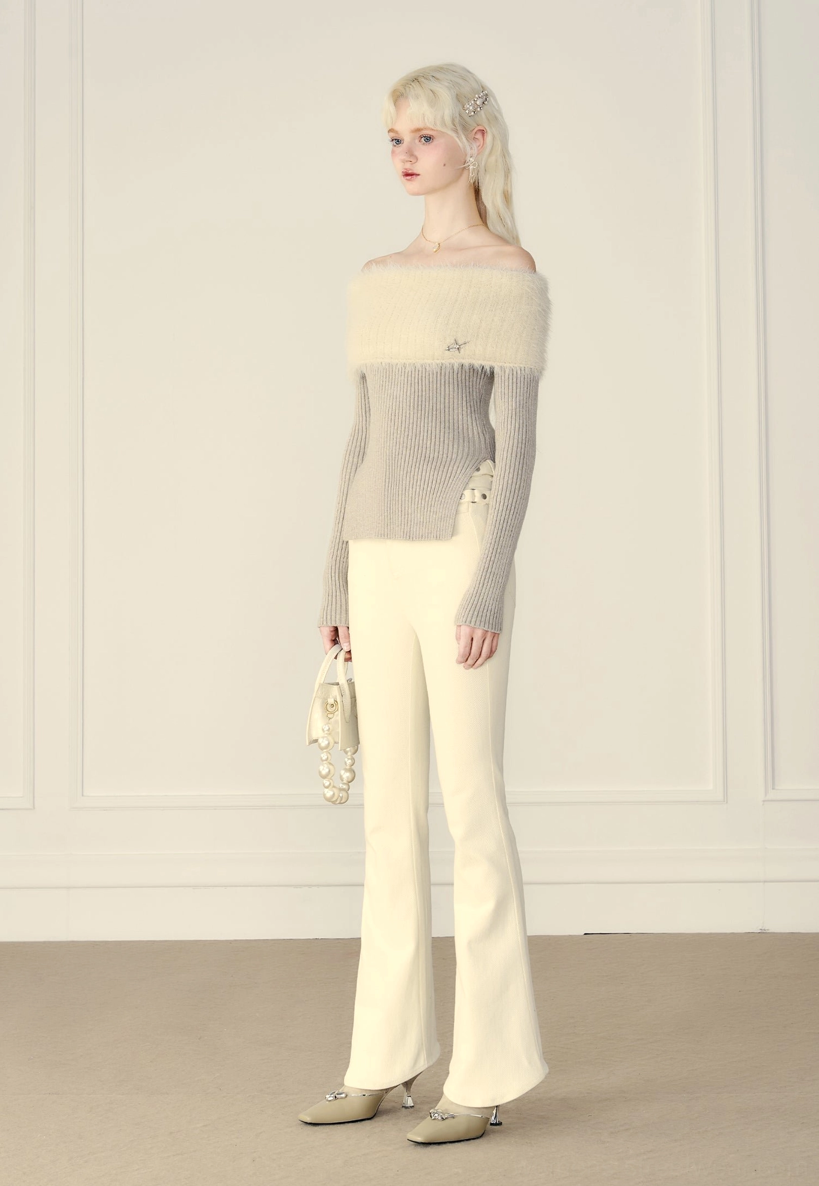 Mink cashmere off-shoulder fur trim ribbed knit sweater neckline and collar detail