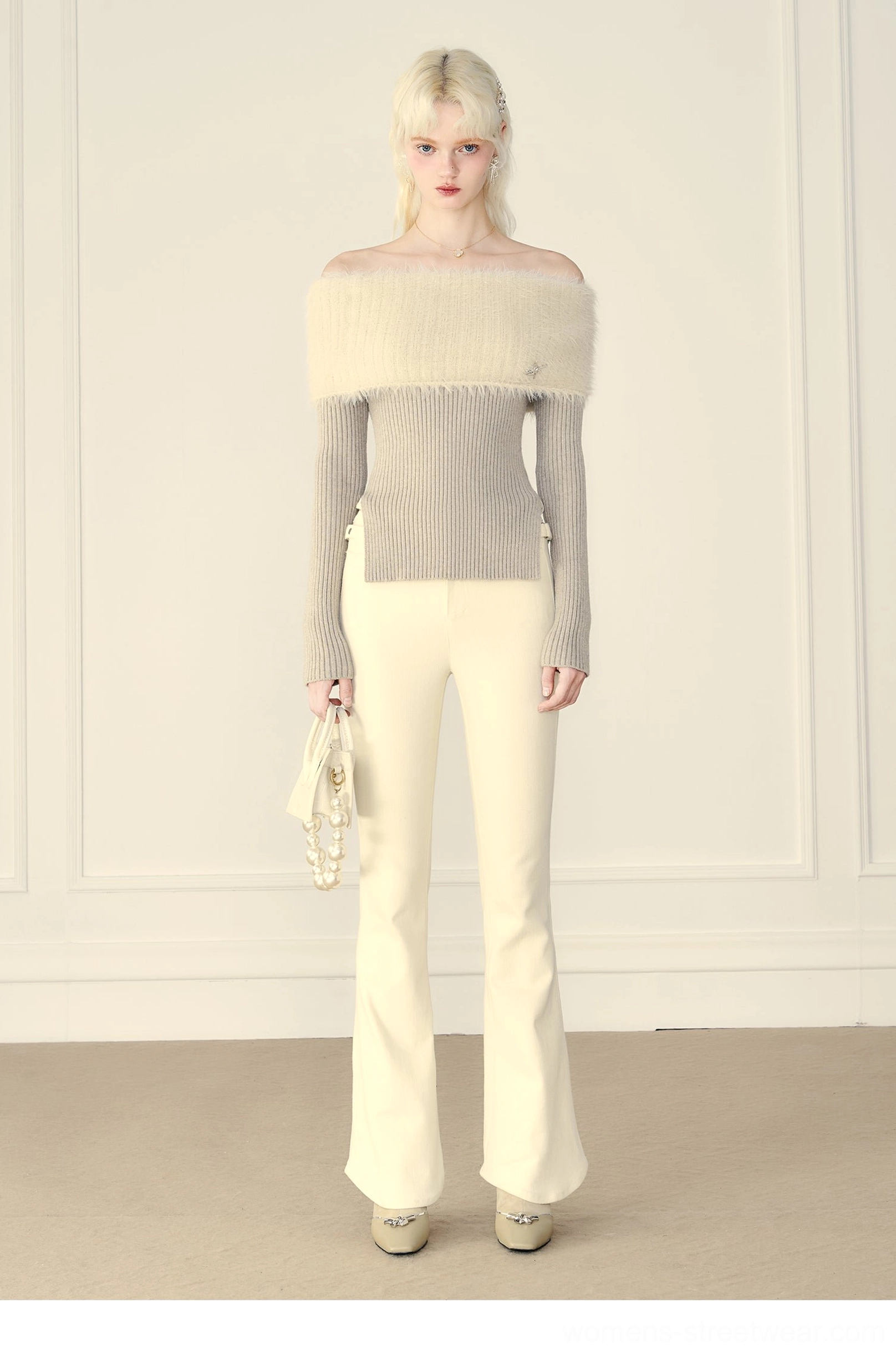 Mink cashmere off-shoulder fur trim ribbed knit sweater textured knit close-up
