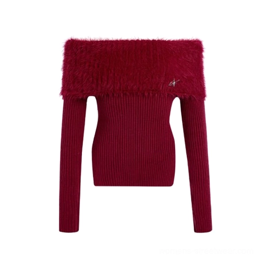 Wine red off-shoulder mink cashmere ribbed knit sweater with fluffy fur trim collar