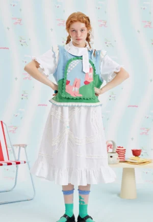 Full body view of a cute bunny jacquard sweater vest outfit with scalloped trim and East Asian streetwear styling