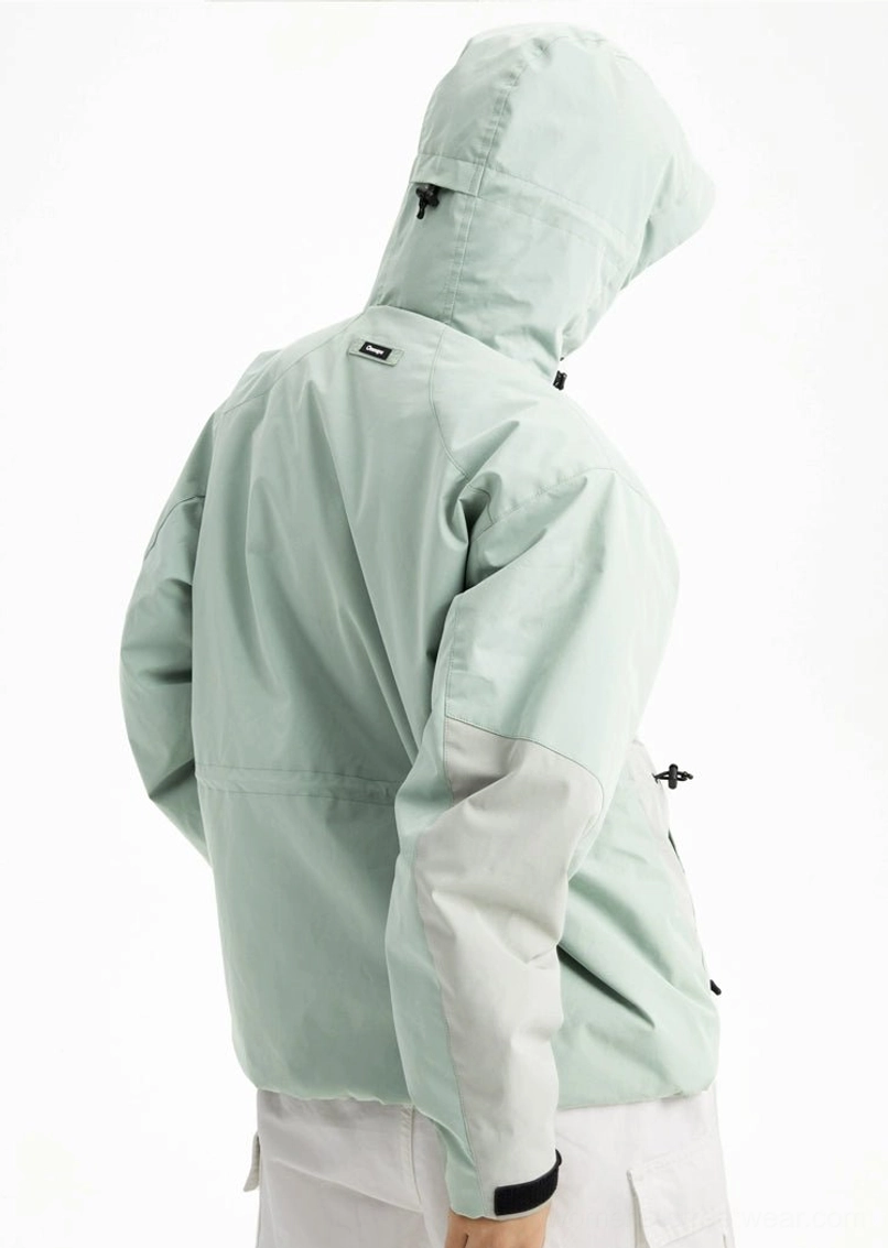 Mint green outdoor padded hooded jacket shown from the rear three-quarter view with adjustable hem drawcord