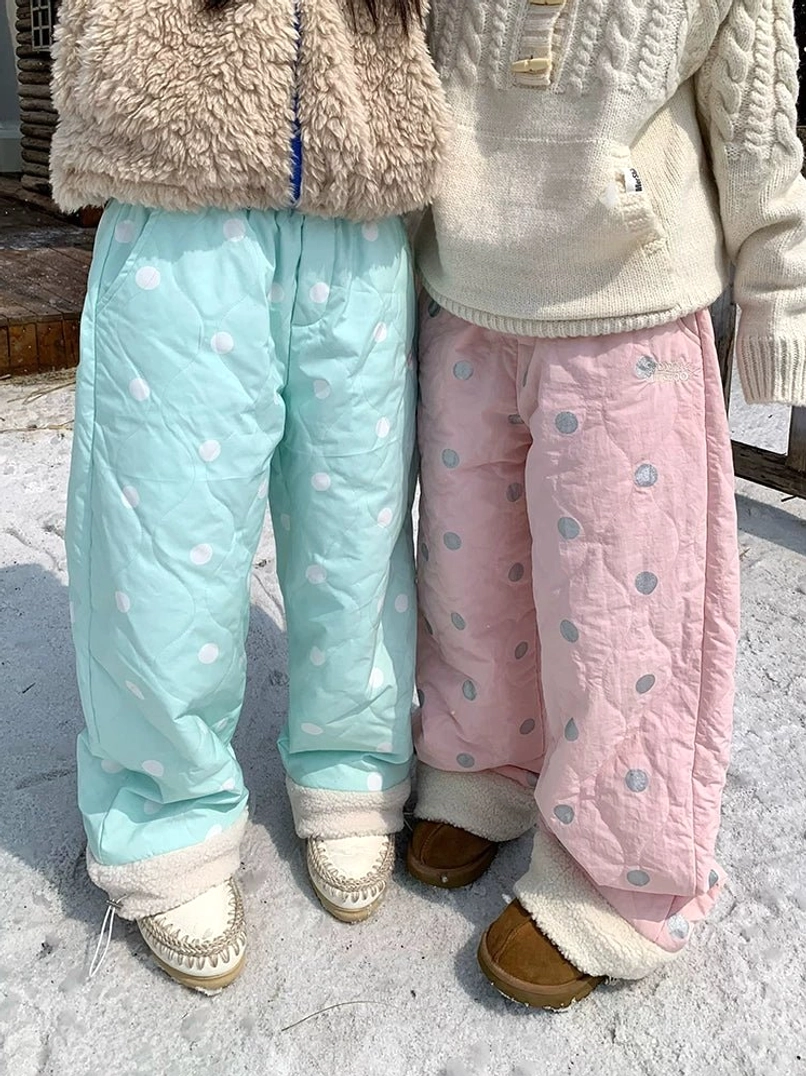 Mint green polka dot quilted fleece cuff streetwear pants product image showing the full winter silhouette and soft ankle cuffs