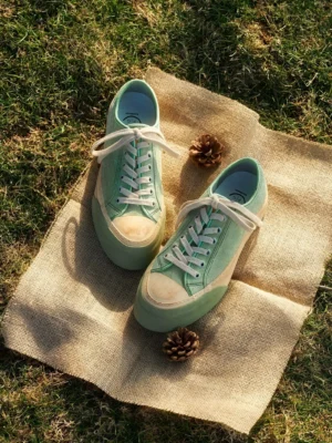 Mint green retro washed canvas platform sneakers shown from a top-down view on grass with a vintage rubber toe cap and chunky beige sole