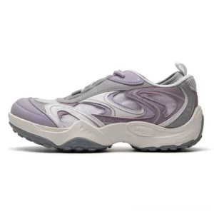 Misty purple and grey unisex techwear runner sneaker with breathable mesh inserts, elastic toggle laces, and thick cushioned rubber outsole