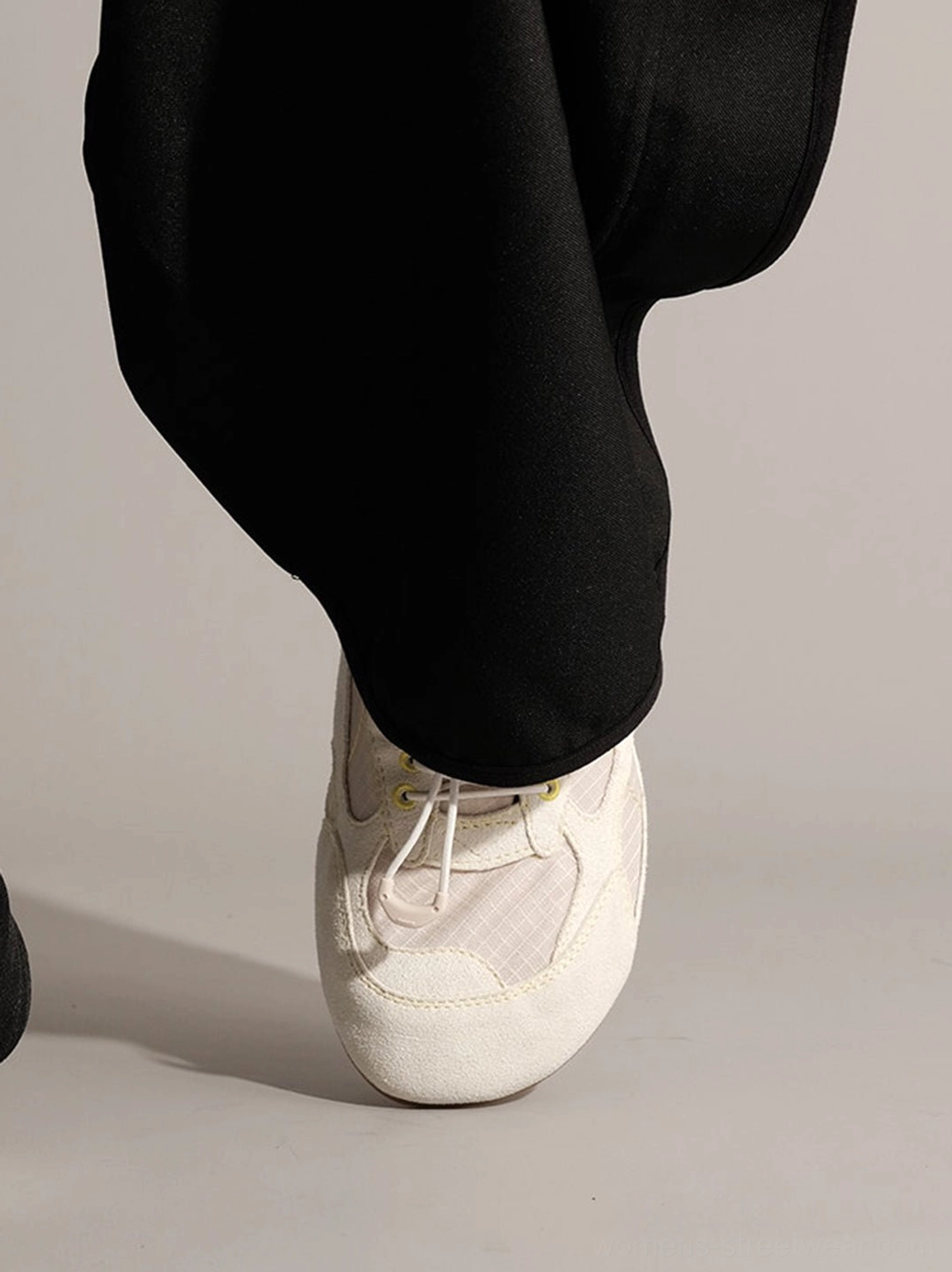 Mixed-material nubuck and twill low-profile trainers with offset lace detailing