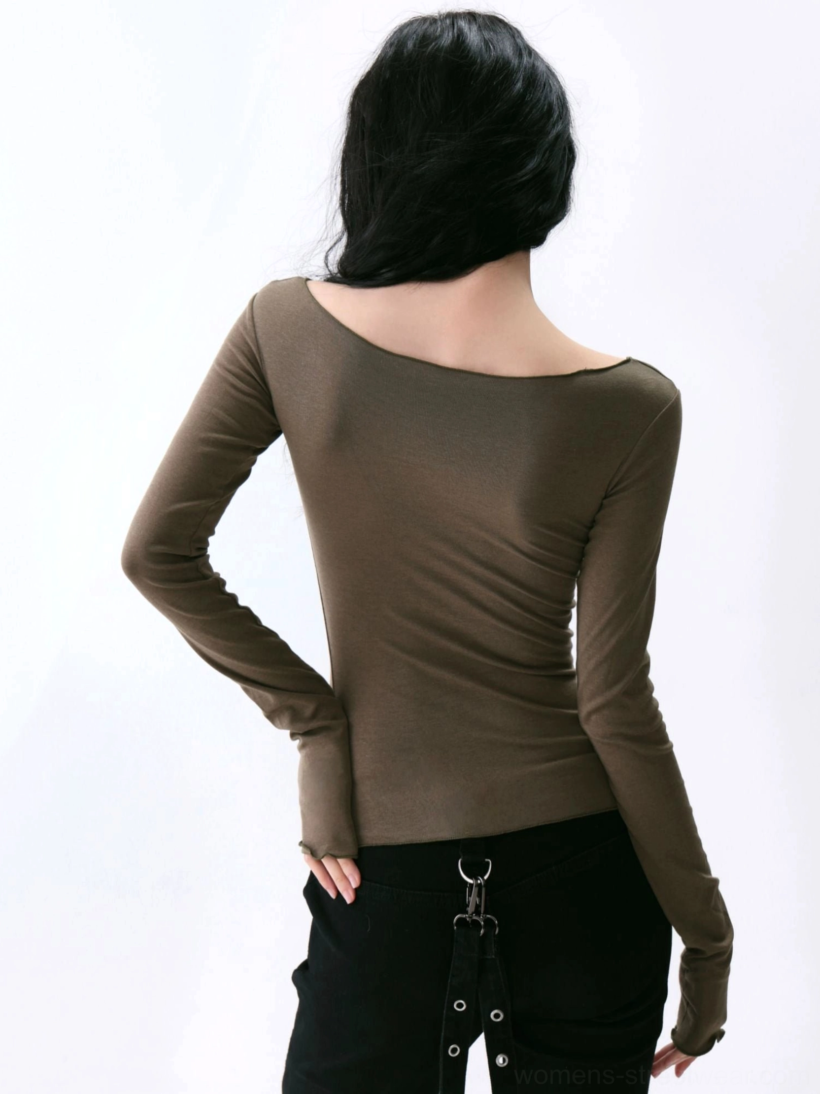 Back view of mocha brown deep U-neck long sleeve top with low scoop back and fitted silhouette