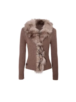 Front flat lay view of a mocha brown faux fur trimmed ribbed knit cardigan with warm camel fur collar, contrasting front fastening, slim cropped cut, and Korean streetwear Y2K styling
