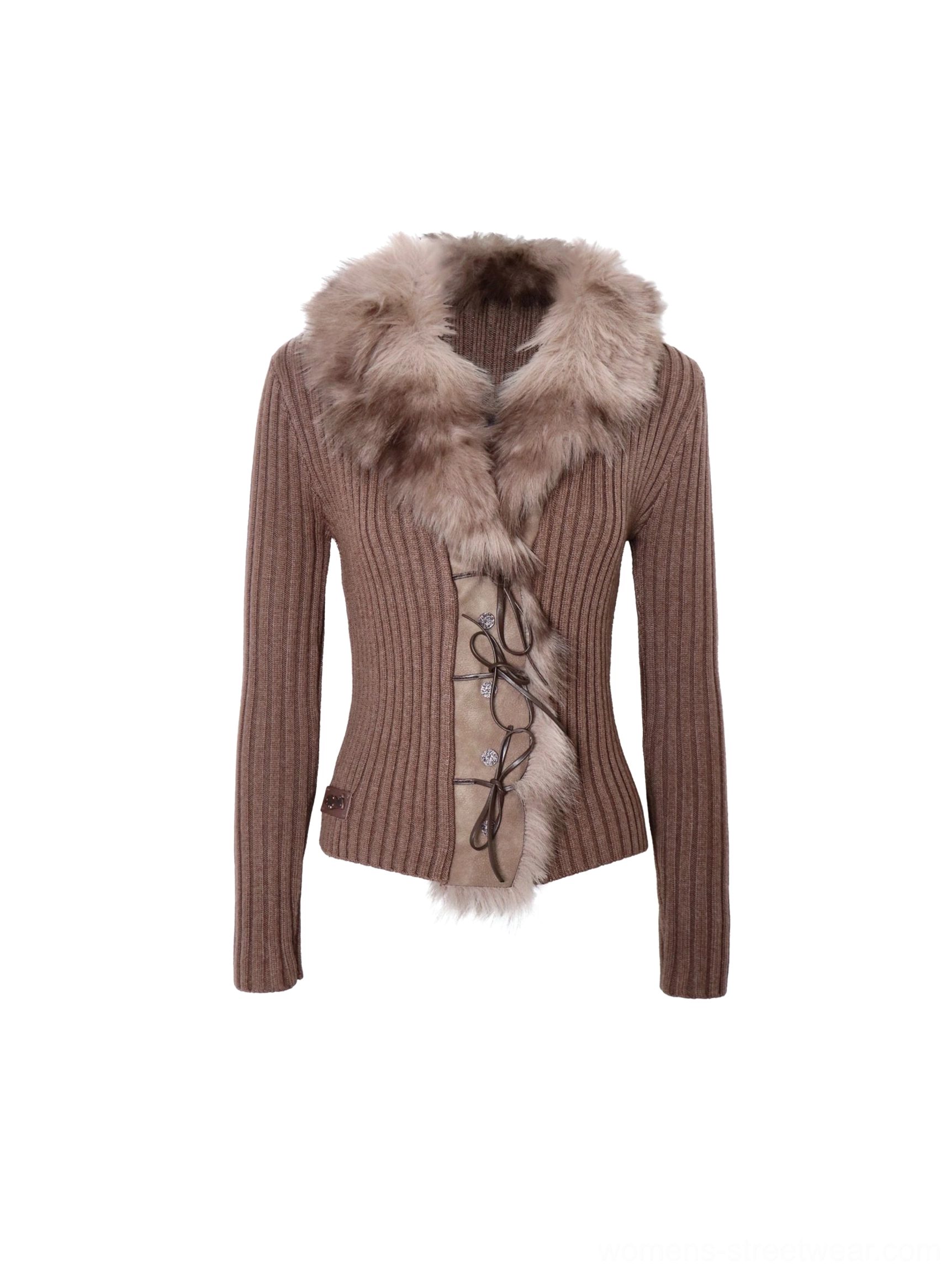Front flat lay view of a mocha brown faux fur trimmed ribbed knit cardigan with warm camel fur collar, contrasting front fastening, slim cropped cut, and Korean streetwear Y2K styling