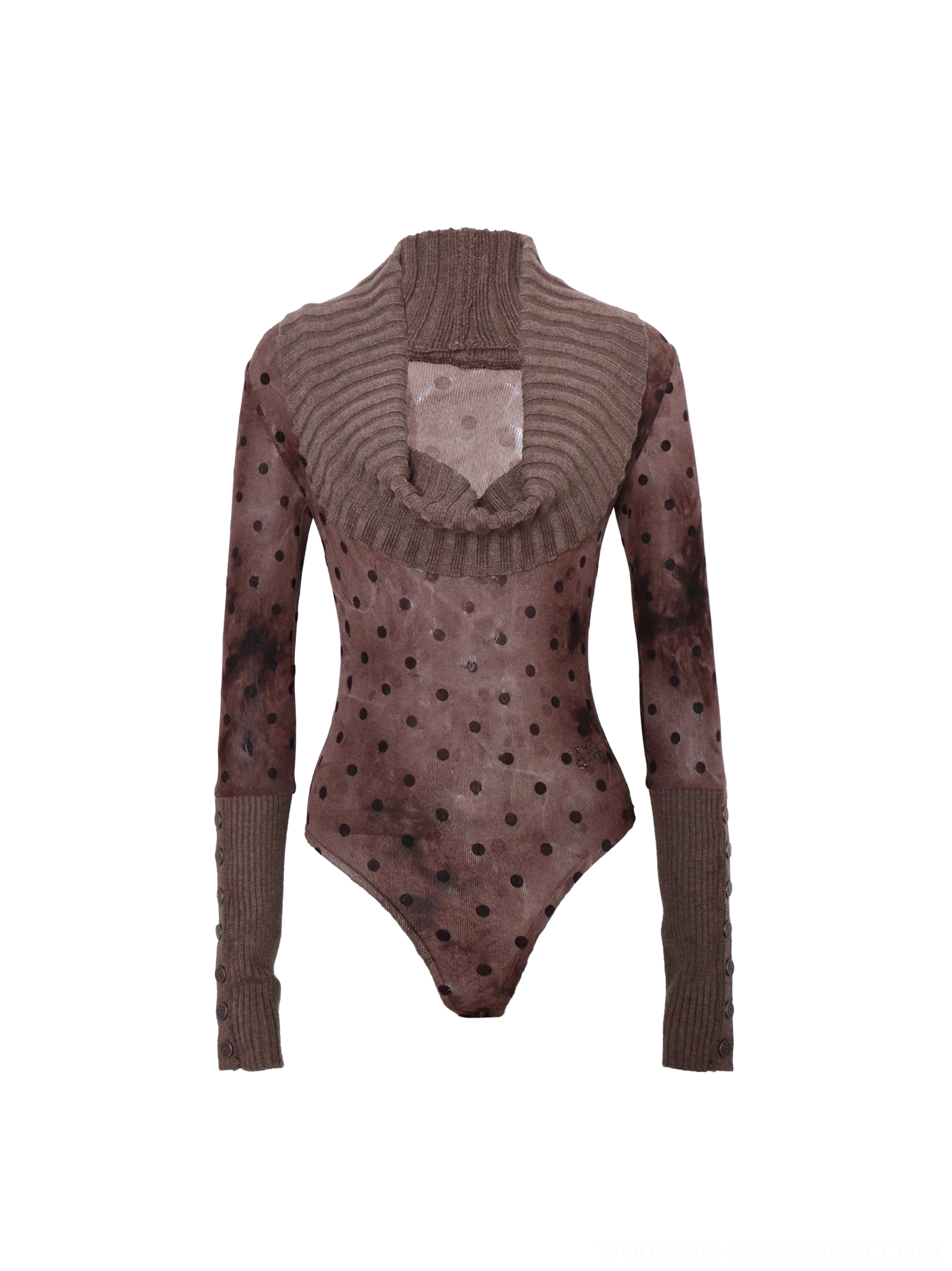 Flat lay view of a mocha brown polka dot knit bodysuit featuring a ribbed foldover cowl neckline, extra-long button detail cuffs, fitted silhouette, and vintage Korean streetwear styling