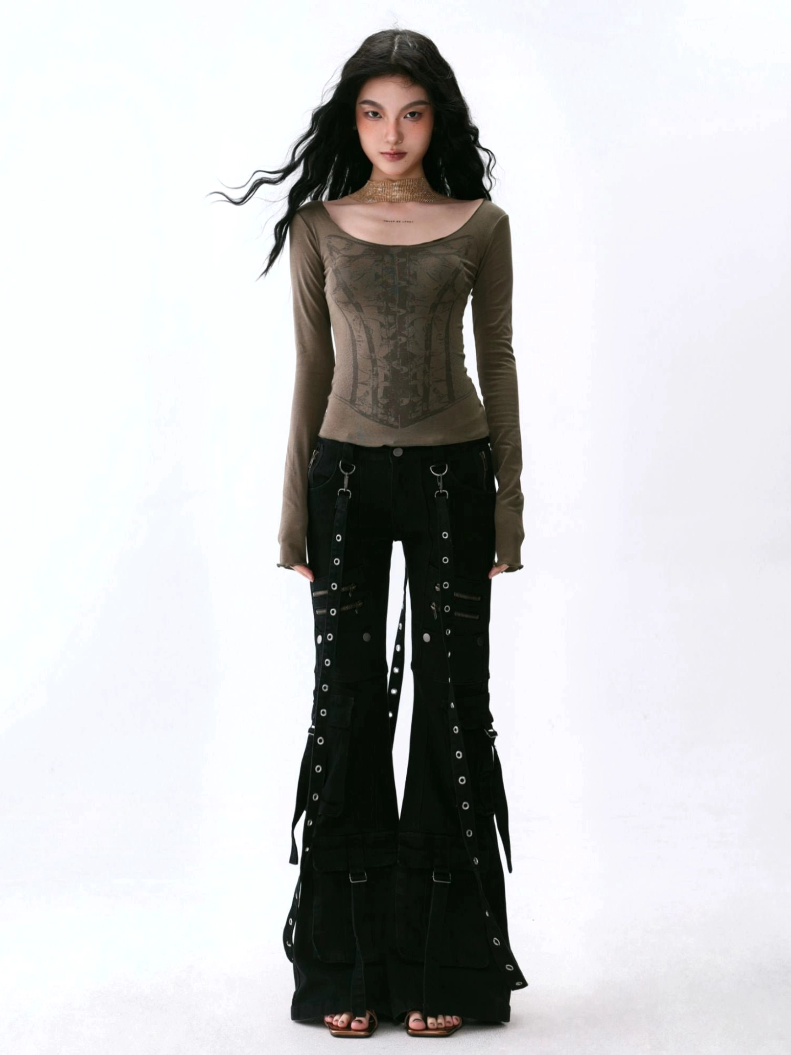 Mocha brown slim deep U-neck long sleeve base layer top styled with black strap detail flare trousers