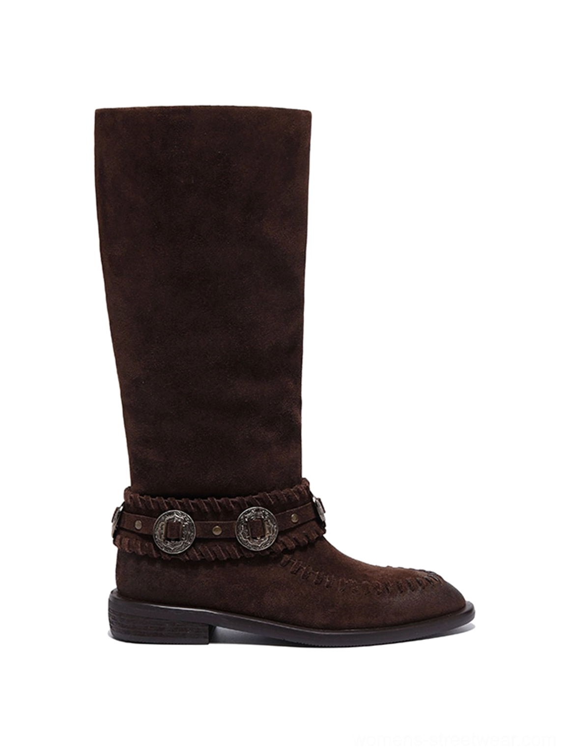 Mocha brown women's suede western knee-high riding boots with decorative ankle buckle straps and low block heels