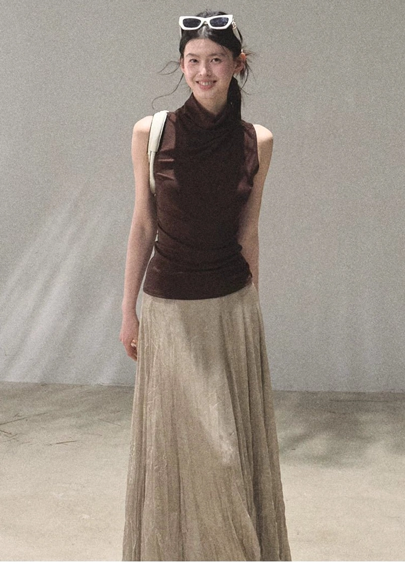 Mocha draped mock neck sleeveless slim fit streetwear top product fashion detail view