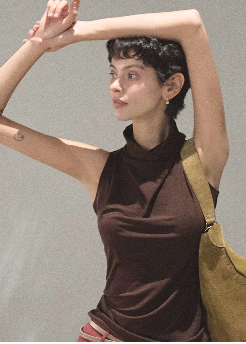 Mocha draped mock neck sleeveless slim fit streetwear top contemporary styling view