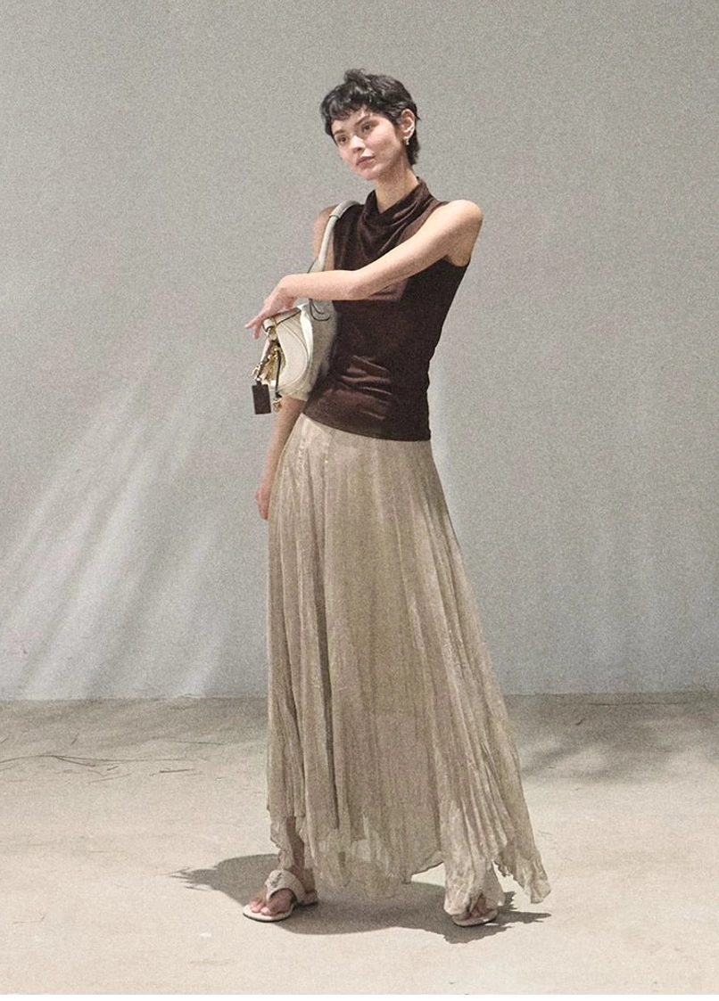 Mocha draped mock neck sleeveless slim fit streetwear top elevated everyday outfit view
