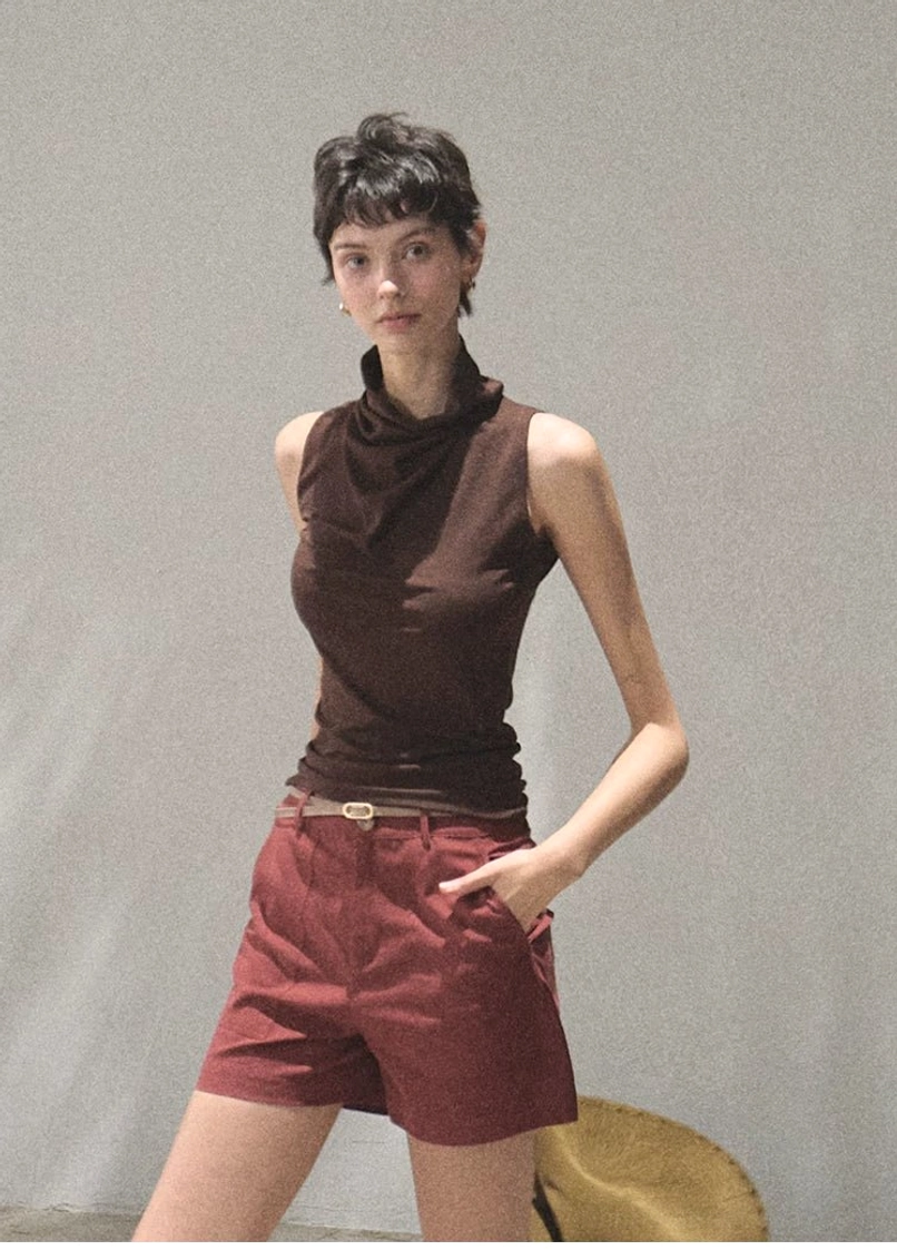 Mocha draped mock neck sleeveless slim fit top versatile layered outfit styling view