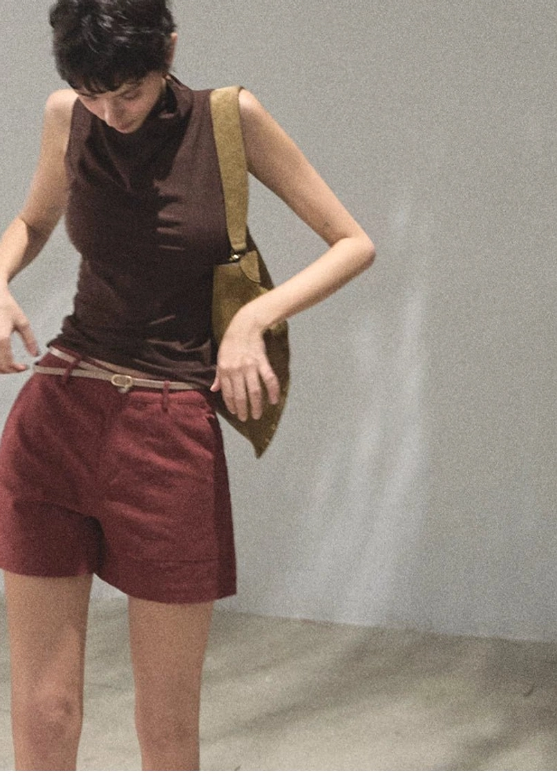Mocha draped mock neck sleeveless slim fit streetwear top polished minimalist fashion view