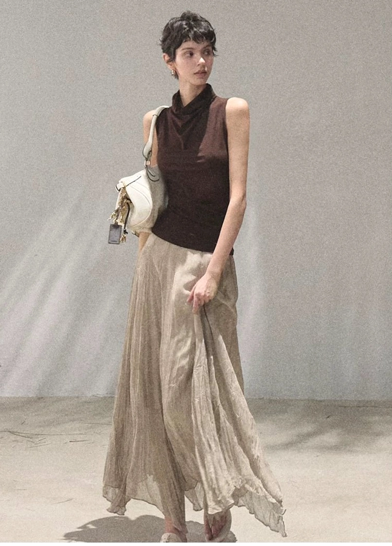 Mocha draped mock neck sleeveless slim fit streetwear top neckline and silhouette detail