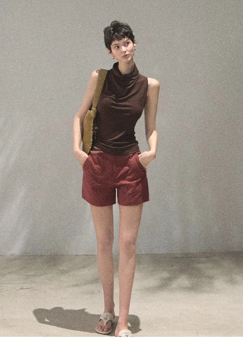 Mocha draped mock neck sleeveless slim fit top minimal Seoul streetwear fashion look