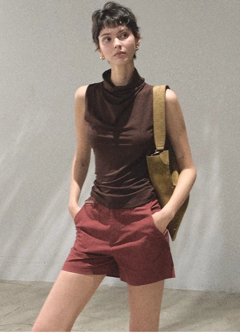 Mocha draped mock neck sleeveless slim fit top fitted stretch fabric product view