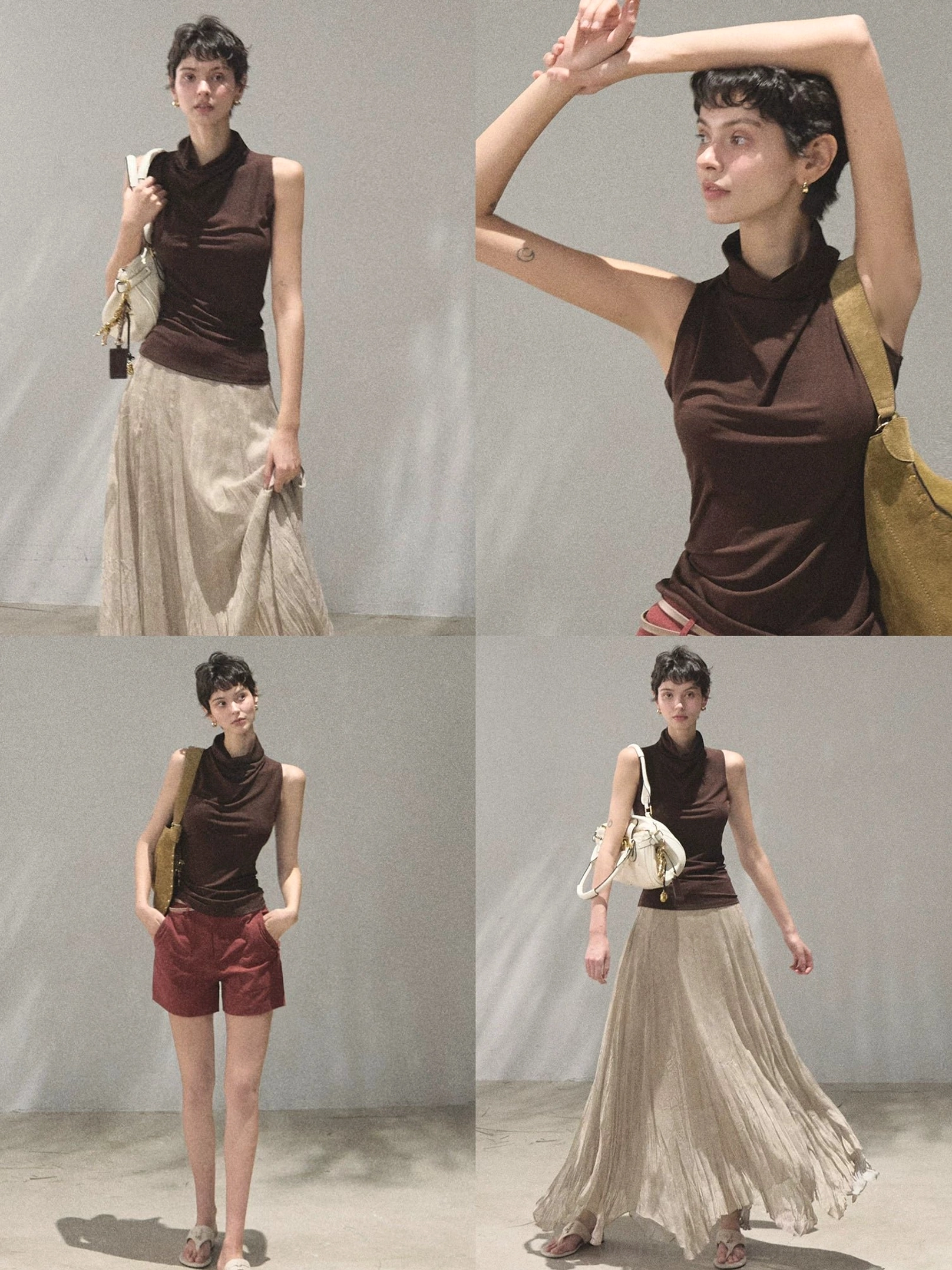 Mocha draped sleeveless mock neck top multi-look styling with skirts shorts and bags