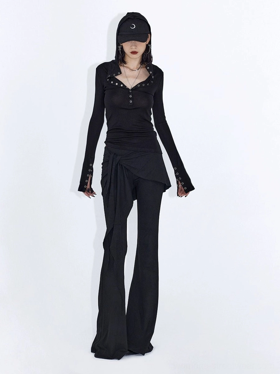 Modern asymmetric wrap drape flare streetwear pants featuring a folded waistband and elongated side panel
