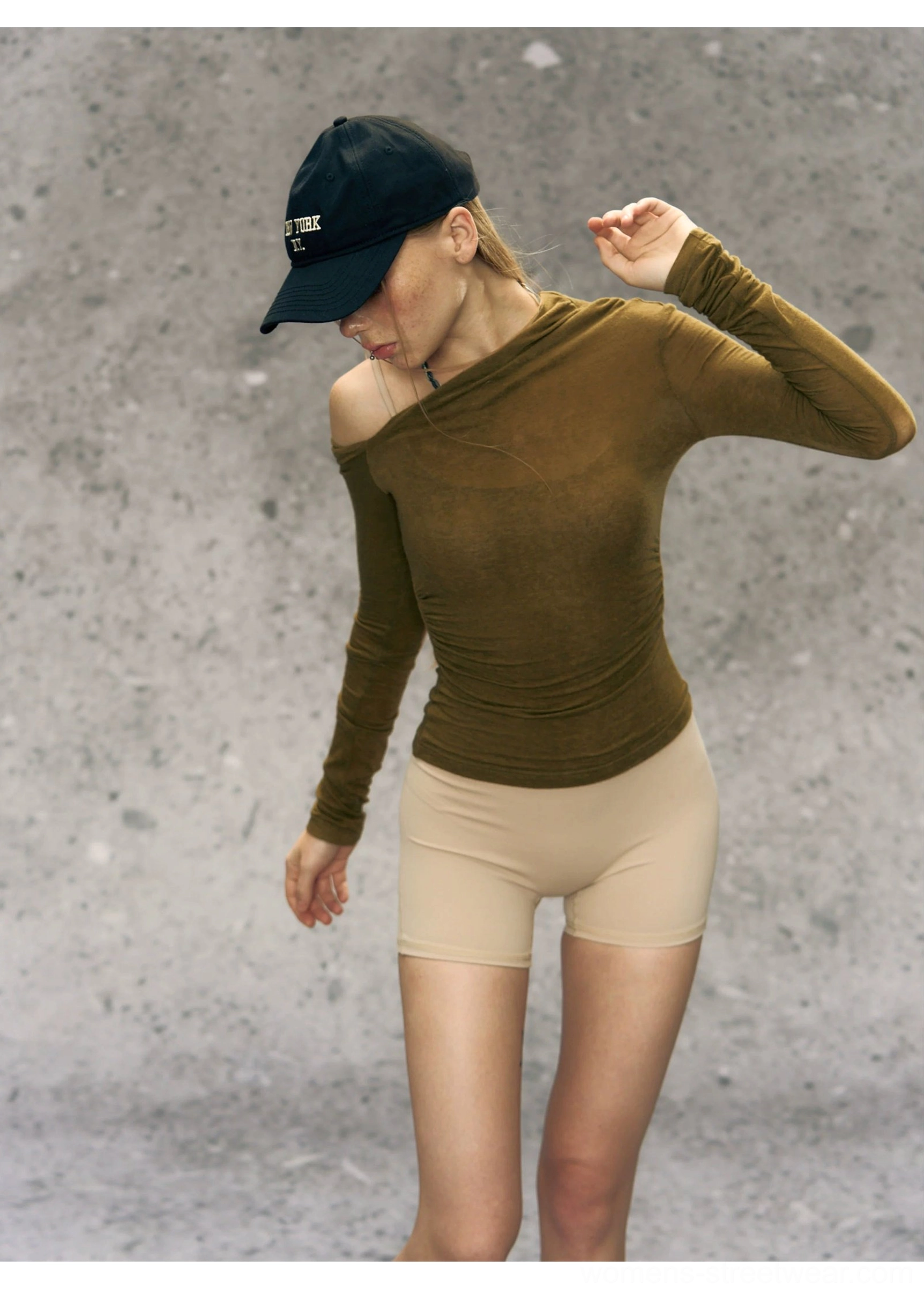 Modern asymmetrical long sleeve Korean fashion top with a single bare shoulder design