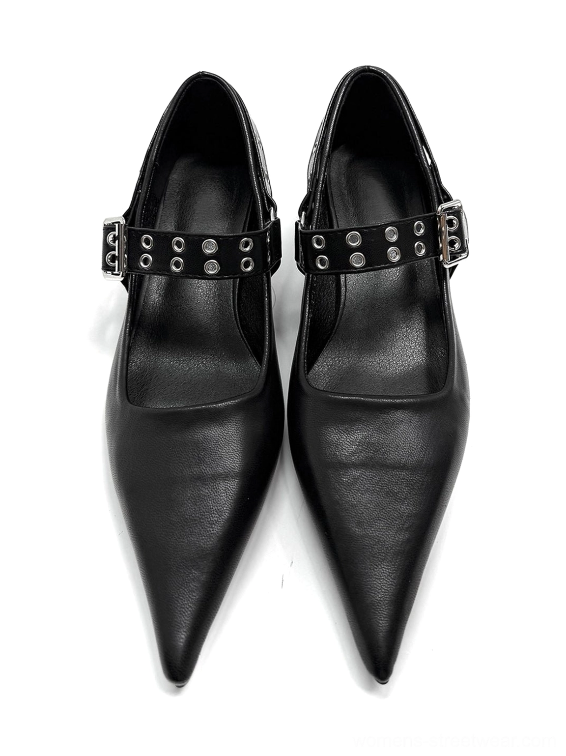 Modern black pointed Mary Jane pumps with industrial buckle strap styling for Korean streetwear and minimalist outfits