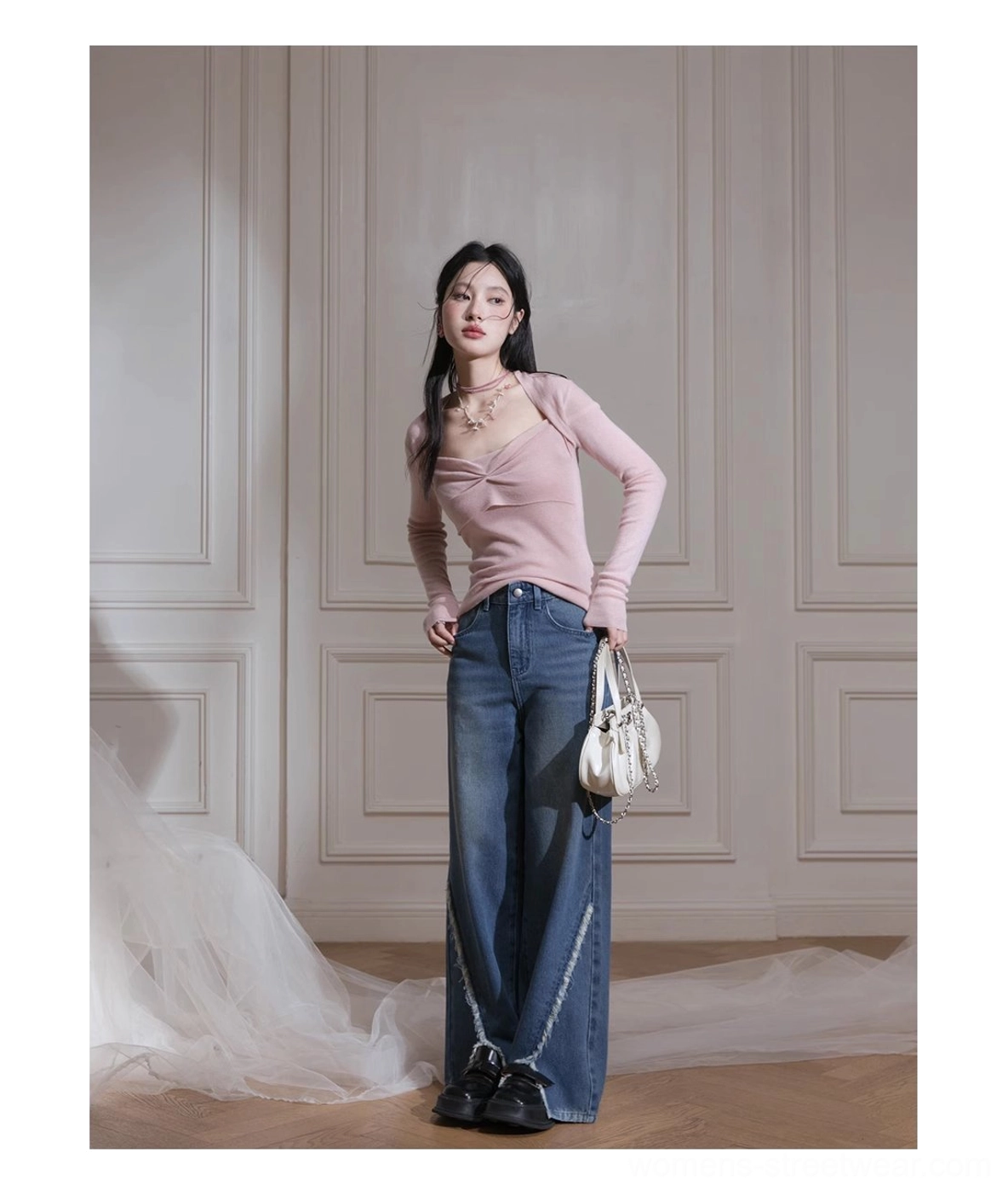 Modern dusty pink twist front knit top with ribbed texture and versatile feminine streetwear appeal