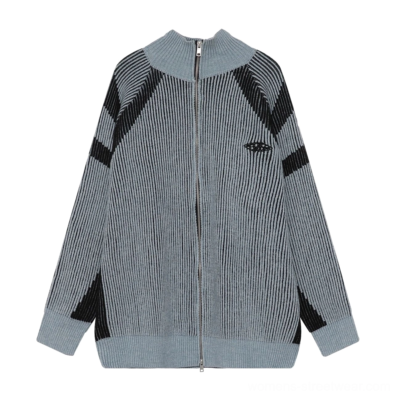 Modern high-neck striped knit cardigan with oversized fit, full zipper closure, and casual Korean fashion appeal