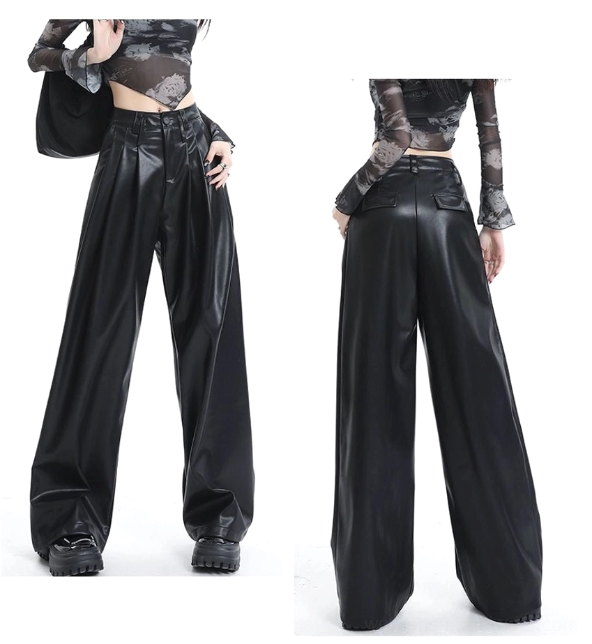 Modern Korean style coffee brown PU leather trousers with front pleats belt loops and dramatic wide-leg shape