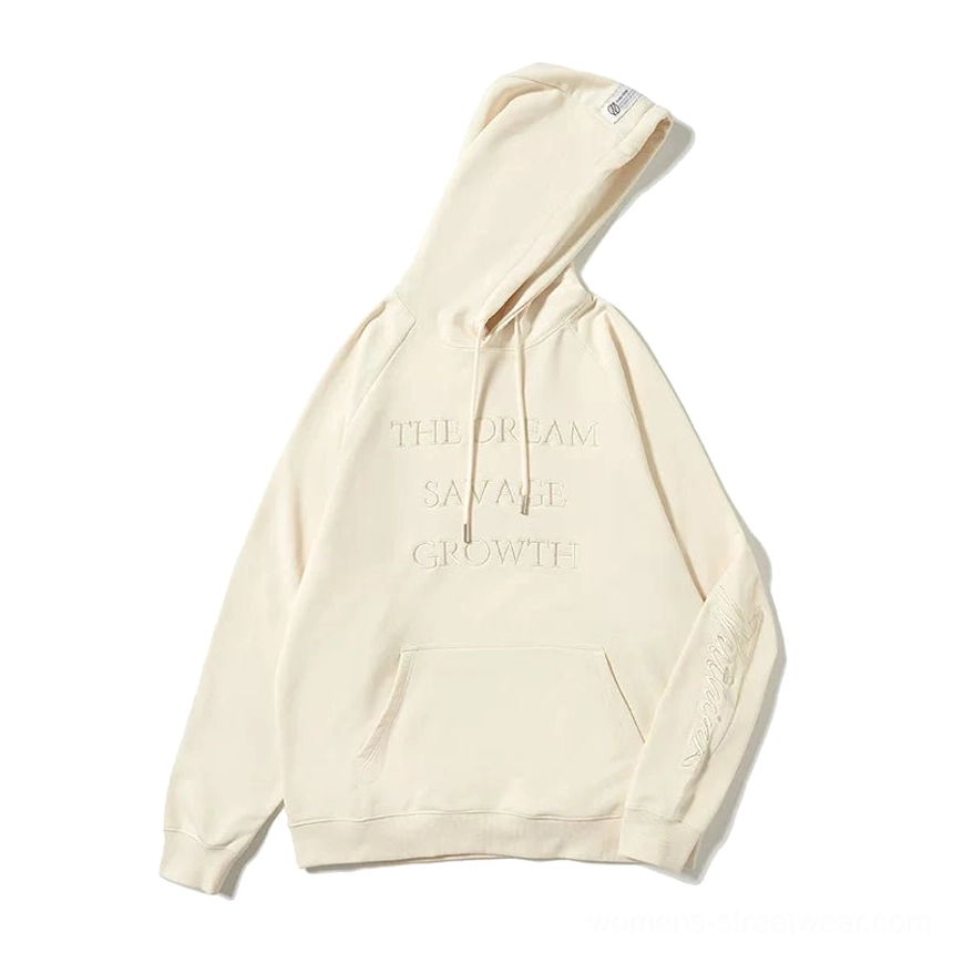 Modern oversized pullover hoodie with tonal embossed lettering designed for Korean fashion and everyday streetwear layering