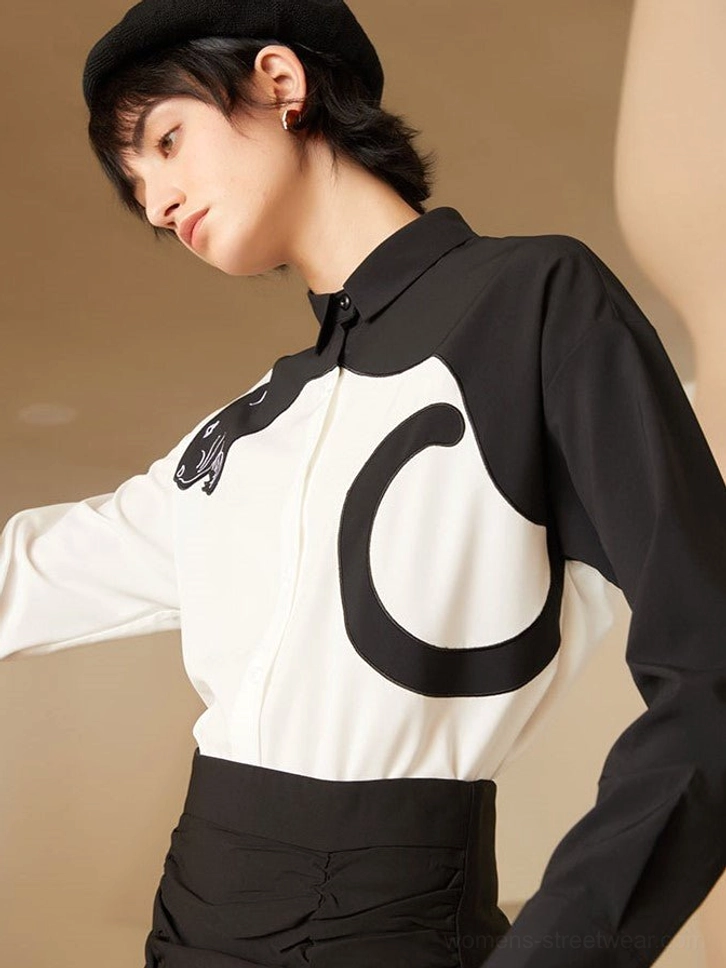Modern panther embroidered blouse product image for bold casual outfits and Seoul-inspired styling