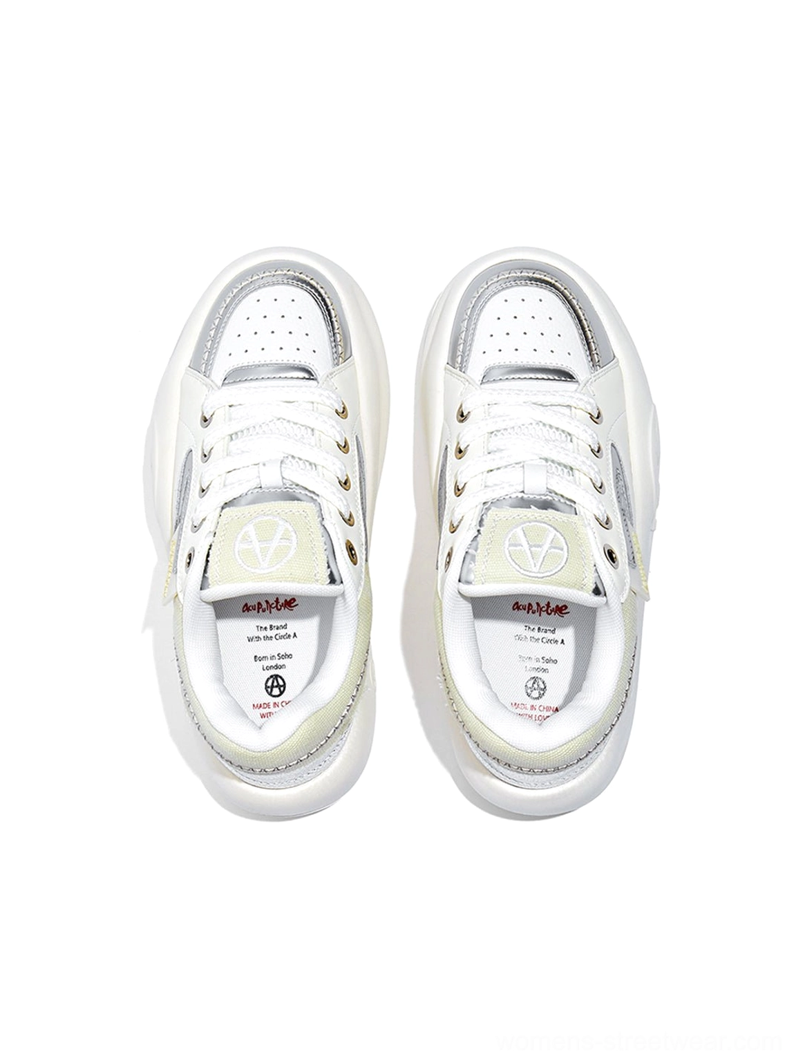 Modern pastel chunky runner sneakers with silver detailing and cushioned platform sole for Acubi and Seoul fashion outfits