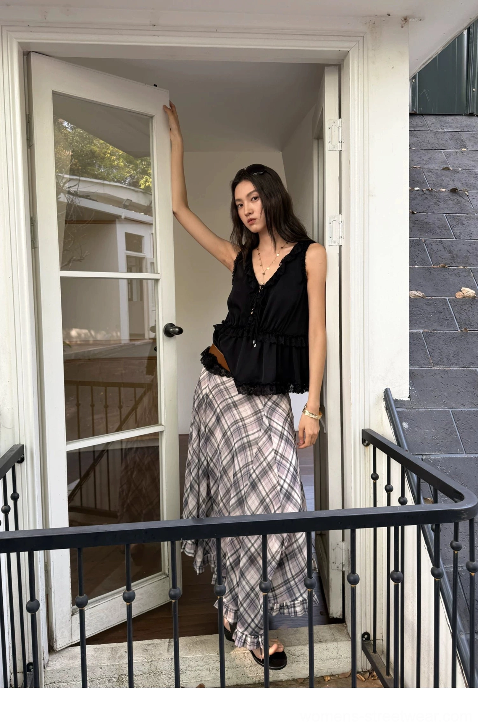Modern plaid chiffon streetwear skirt with fully lined construction and a dramatic uneven layered hem