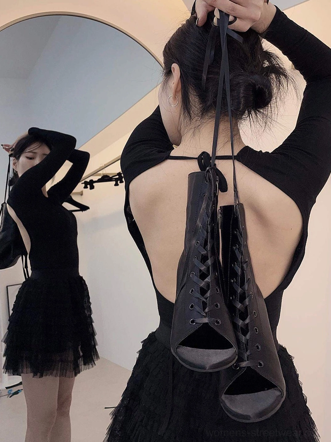 Modern satin peep-toe ankle heels with lace-up front and slim stiletto heel for Seoul-inspired style